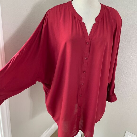 NEW Catherines Womens Plus 2X 22/24W Burgundy Button Up Blouse Shirt Top V Neck - Picture 2 of 11